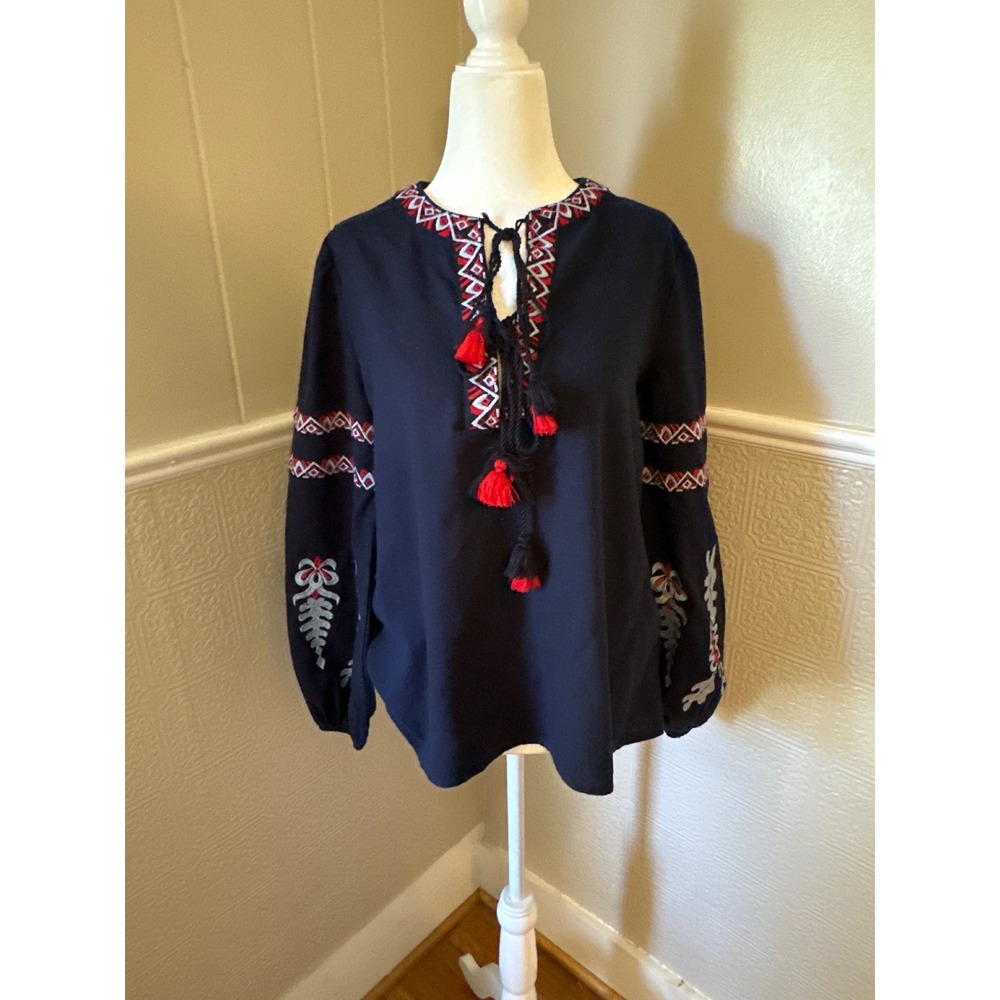 Free The Roses Navy Blue Embroidered Tassel Peasant Blouse Cotton Linen Small